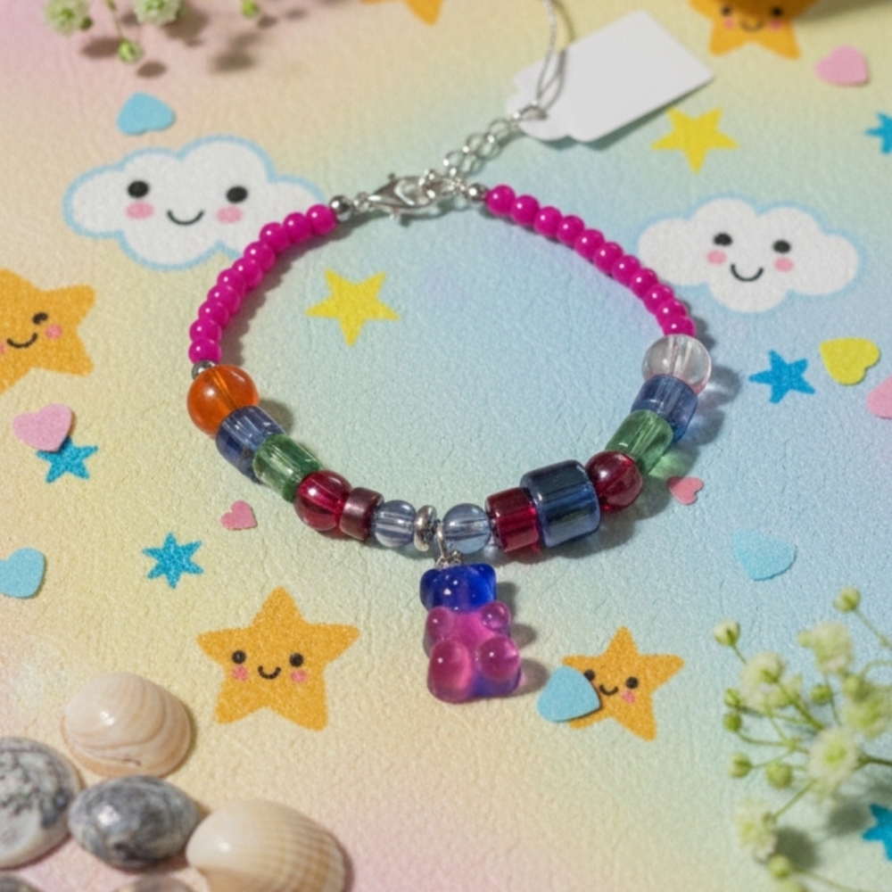 Colorful Wire Beaded Kids Bear 6.5 Inch Bracelet NWT - Picture 2 of 2
